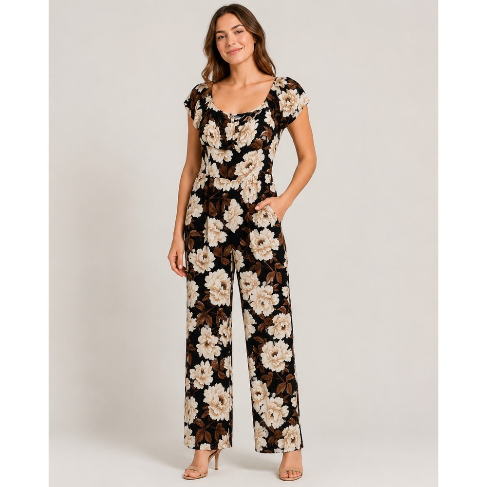 Old Navy Fit & Flare Jumpsuit Womens Small Black Floral Rayon Flutter Sleeve NEW